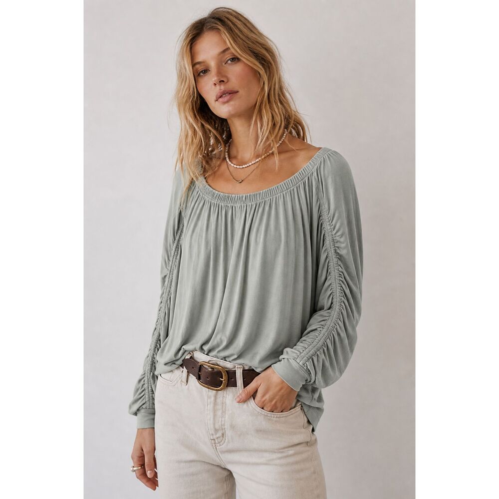 Free People Serenade Tee Sage Boho Ruched Sleeve Peasant Lagenlook Top Sz Small